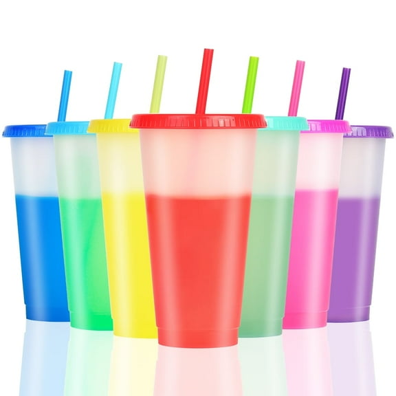 Reusable Travel Cup To Go Coffee Tumblers - Summer Cold Drink Cups with Lids and Straws | Color Changing Cups | 24 oz Plastic Cold Cups 7 Pack
