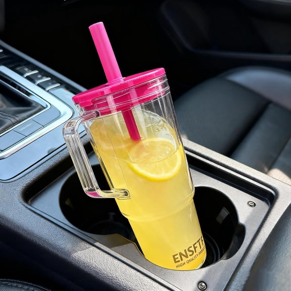 Reusable Travel Mug for Cold and Hot Drinks, Double-Wall Plastic Water Bottle 40oz Insulated Clear Tumbler with Handle and Lid & Straw, Crystal-Clear | Car Cup Holder Fit | Leakproof | BPA-Free