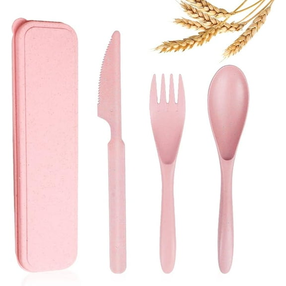 Reusable Travel Utensils Set with Case, Pink Wheat Straw Portable Knife Fork Spoons Tableware, Eco-Friendly BPA Free Cutlery for Kids and Adults as Travel Picnic Camping Utensils