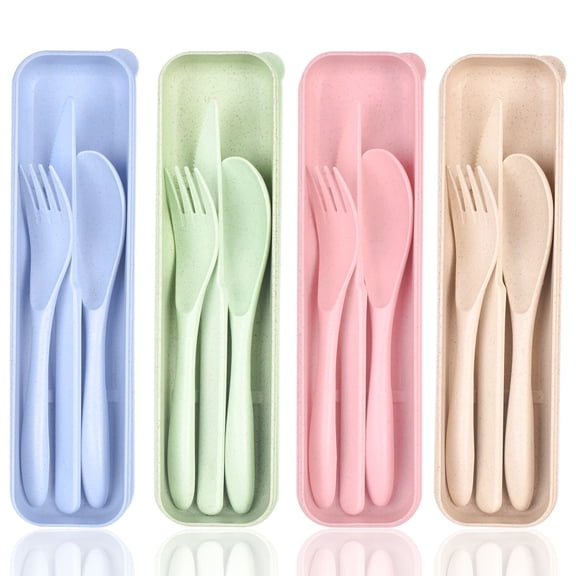 Reusable Travel Camping Utensils Set with Case, 4 Sets Portable Forks Spoons Knives, Ideal for Picnic Camping Road Trips Daily Use