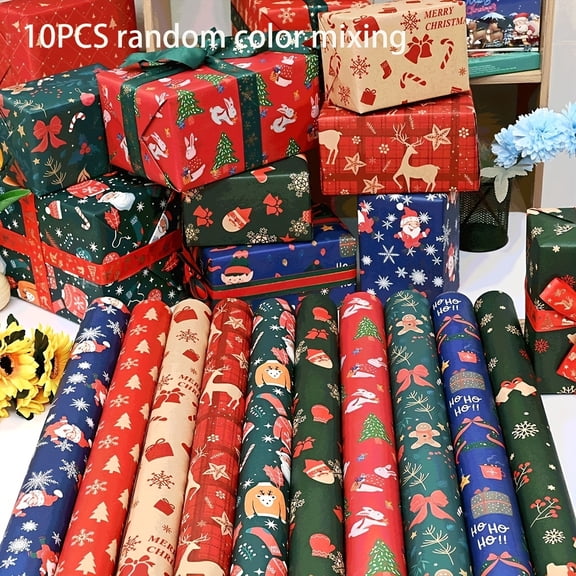 Reusable Tree and Reindeer Wall Stickers, 10 Rolls Wrapping Paper Set for Holiday Gifts, Friends Presents, Durable Christmas Theme Decoration