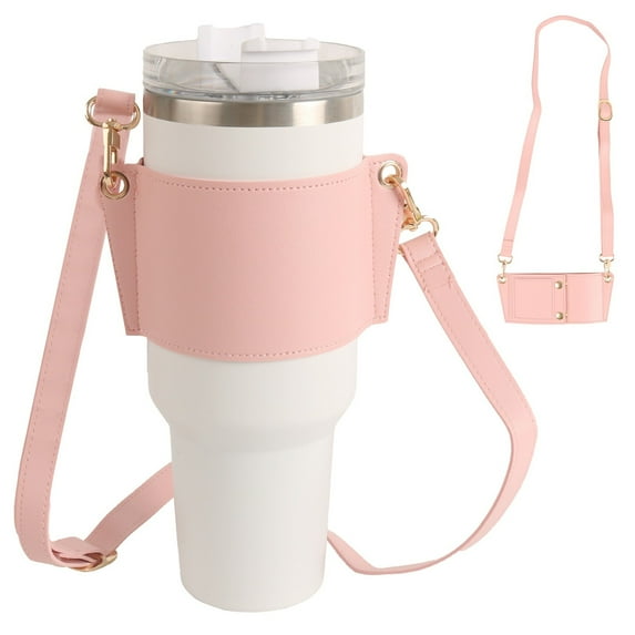 Reusable Tumbler with Adjustable Leather Strap - Coffee Cup Holder and Water Bottle Carrier Bag Compatible with 30oz & 40oz Drink Containers - PK2