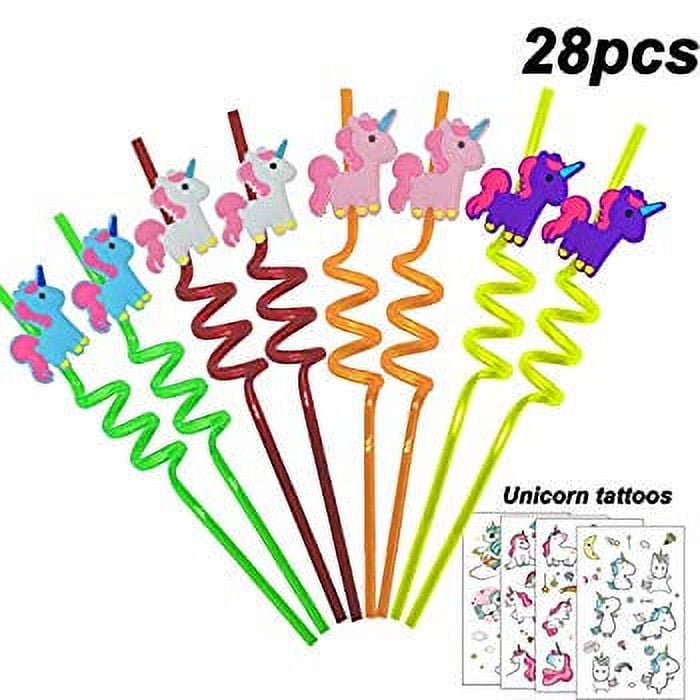 Reusable Unicorn Drinking Plastic Straws + Unicorn Temporary Tattoos for Girls | Unicorn Birthday Party Supplies - Rainbow Unicorn Party Favors
