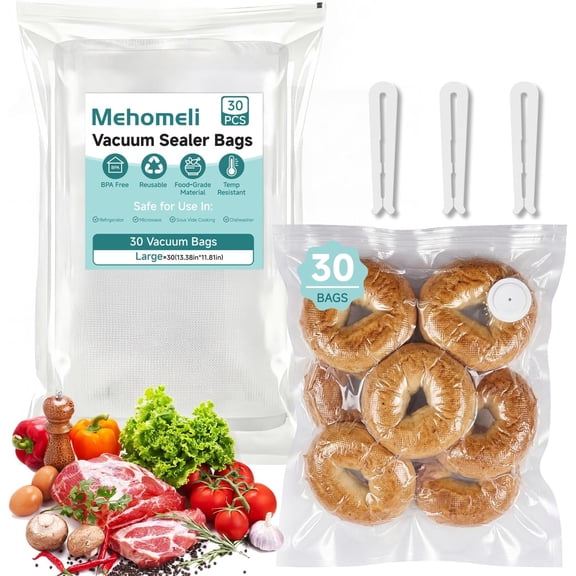 Reusable Vacuum Sealer Bags for Food 30 BPA-Free Large (11.8 x 13.4in) Food Storage Bags, Freezer Microwave Safe, Odor-Resistant, Leak-Proof Compatible with Handheld Vacuum Sealers