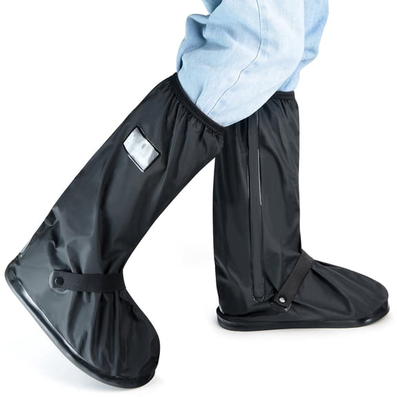 Reusable Waterproof Shoe Covers with Zipper, AYAMAYA Anti-Slip Universal Durable PVC Boot Covers for Men Women, Black-XL