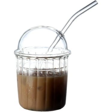 Reusable Wide Mouth Smoothie Cups Glass Dome Lid & Straw 15oz Perfect for Office Home Cute Drinking Glasses with Glass Coffee Iced Cup Tumbler Glass Bubble Tea Cup - White
