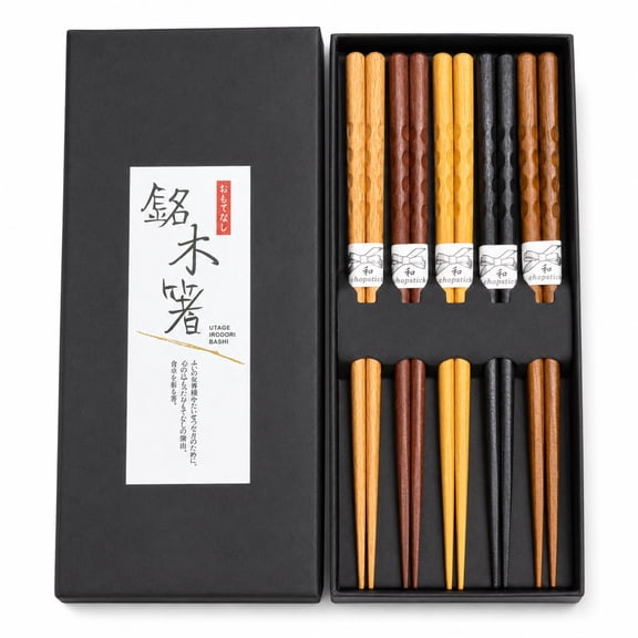 Kiyora Natural Wood Japanese Style Reusable Chopsticks, 8.8 inch, 5-Pair Gift Set