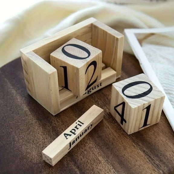 Reusable Wooden Desktop Calendar  Eco-Friendly Perpetual Date Display Block for Home Office Desk Decoration, Natural Wood Grain Design