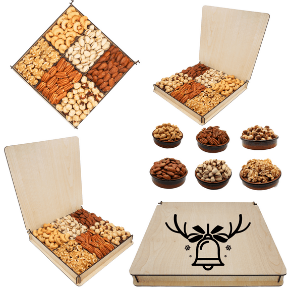 Reusable Wooden Gift, Assortment Gourmet Nuts, Holiday Christmas Nuts Gift Basket, Christmas Gift Basket, Assorted Food Gift Box