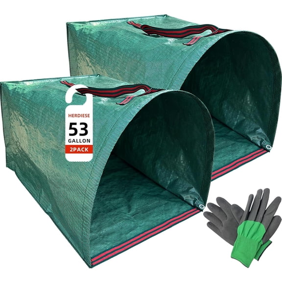 Reusable Yard Waste Bags Heavy Duty 53 Gallon Lawn and Leaf Bags with Gloves Collapsible Garden Collector with Reinforced Handles & Dustpan Design for Easy Lawn Cleanup, Branches & Debris