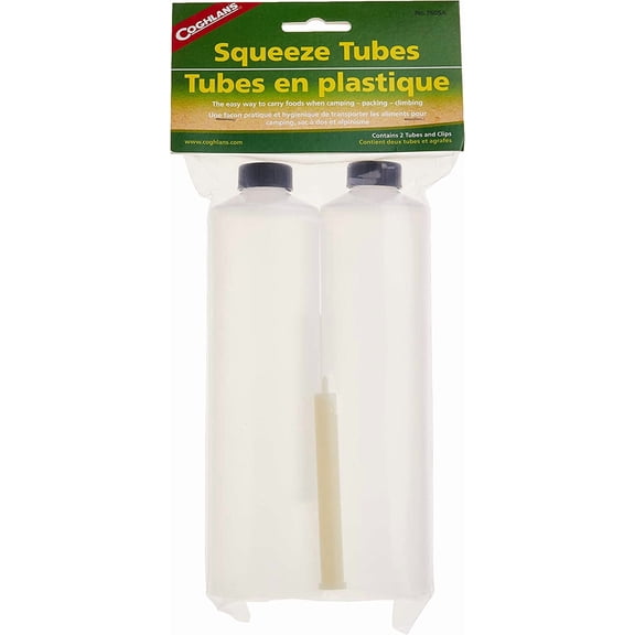Reusable and Refillable Food-Safe Squeeze Tubes, 8 oz Capacity, Clear Plastic with Easy-Roll Clip, Dishwasher-Safe, 2-Pack for Camping and Travel