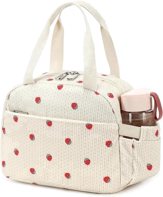 AO ALI VICTORY Lunch Box Lunch Bag Insulated Lunchbox Cute Reusable Lunch Tote bags for School Work Picnic for Kids Girls Women（Beige Strawberries）