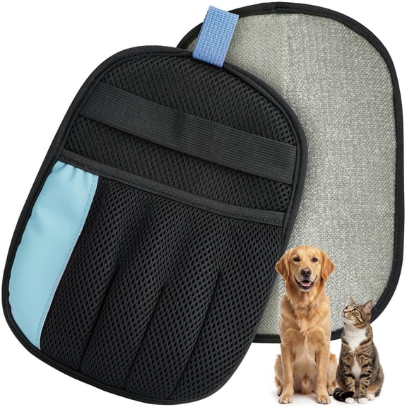 Reusable pet hair remover glove for dogs/cats. Electrostatic brush cleans clothes, furniture, carpets, car seats, curtains, pet beds. Blue & black