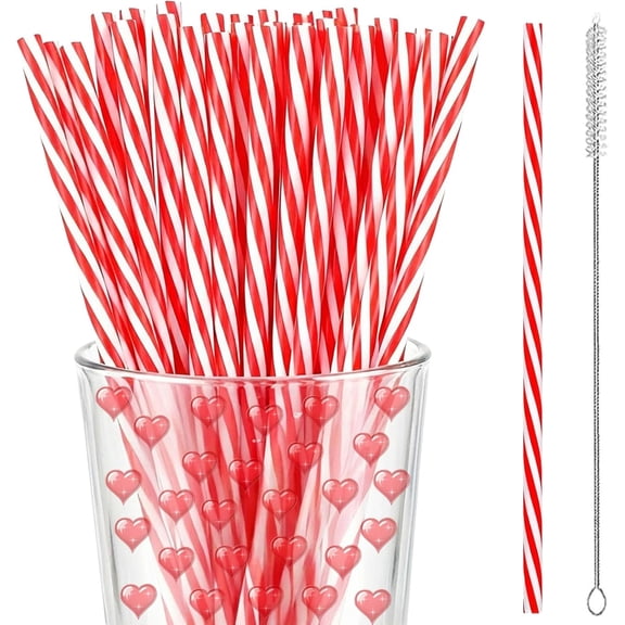 Reusable thick plastic straws - 25 red and white striped hard straws, suitable for Mason jars, 9-inch two-tone striped straws, for holiday Christmas wedding Valentine's Day party decoration supplies