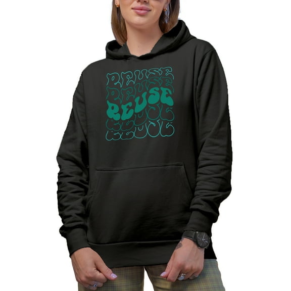 Reuse, Caring for the Environment Themed, Groovy Retro Wavy Text Merch Gift, Black Hooded Sweatshirt or Hoodie, Small