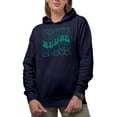 thumbnail image 1 of Reuse, Caring for the Environment Themed, Groovy Retro Wavy Text Merch Gift, Navy Blue Hooded Sweatshirt or Hoodie, Small, 1 of 5