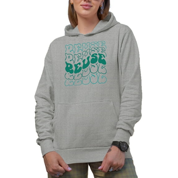 Reuse, Environmentalist or Nature Lover Themed, Groovy Retro Wavy Text Merch Gift, Heather Grey Hooded Sweatshirt or Hoodie, 3XL