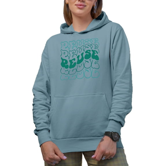 Reuse, Environmentalist or Nature Lover Themed, Groovy Retro Wavy Text Merch Gift, Light Blue Hooded Sweatshirt or Hoodie, XL