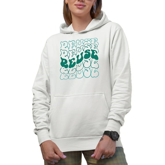 Reuse, Environmentalist or Nature Lover Themed, Groovy Retro Wavy Text Merch Gift, White Hooded Sweatshirt or Hoodie, Small