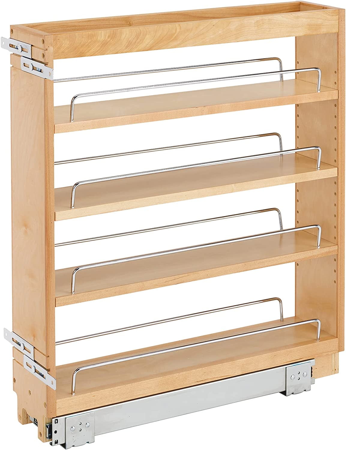 Rev-A-Shelf 448-BC-5C 5 Inch Pull Out Kitchen Cabinet Storage Organizer Spice Rack w/3 Adjustable Sliding Wood Shelves, Chrome Rails, & 100lb Capacity