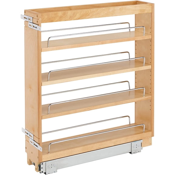 Rev-A-Shelf 448-BC-5C 5 Inch Pull Out Kitchen Cabinet Storage Organizer Spice Rack w/3 Adjustable Sliding Wood Shelves, Chrome Rails, & 100lb Capacity