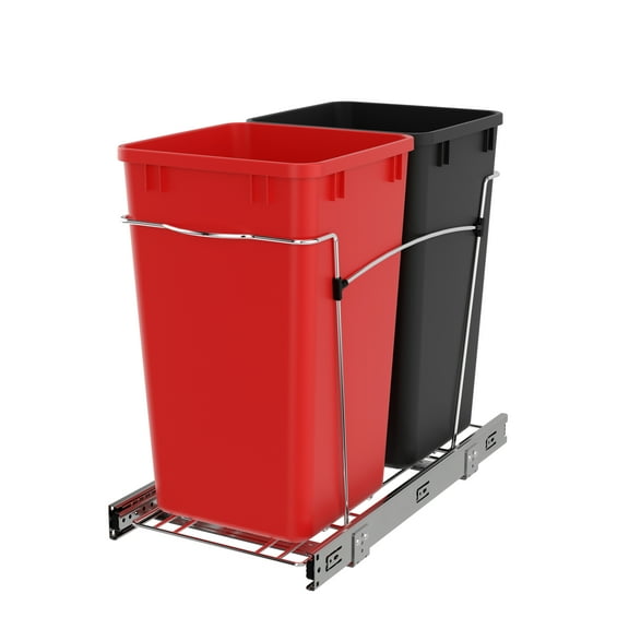 Rev-A-Shelf Double 27 Quart Sliding Pullout Waste Containers, Red & Black