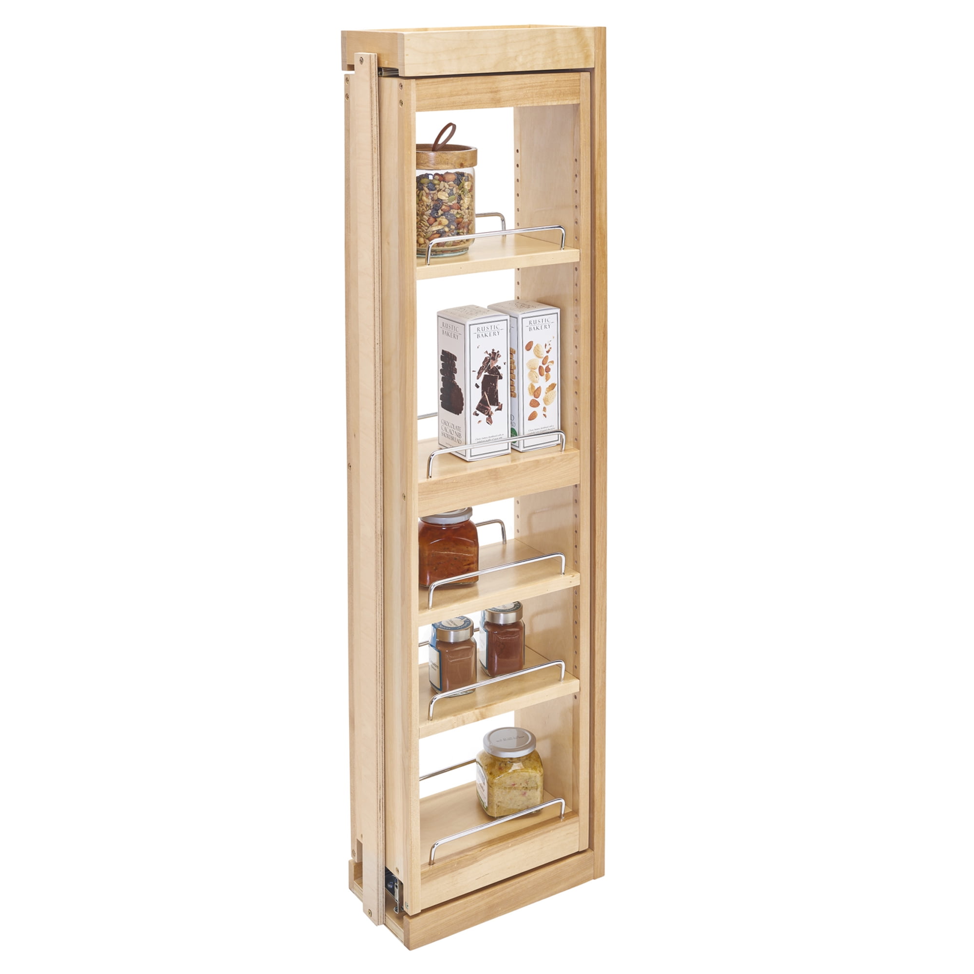 Maple Wood Pull-Out Wall Cabinet Organizer with Chrome Rails