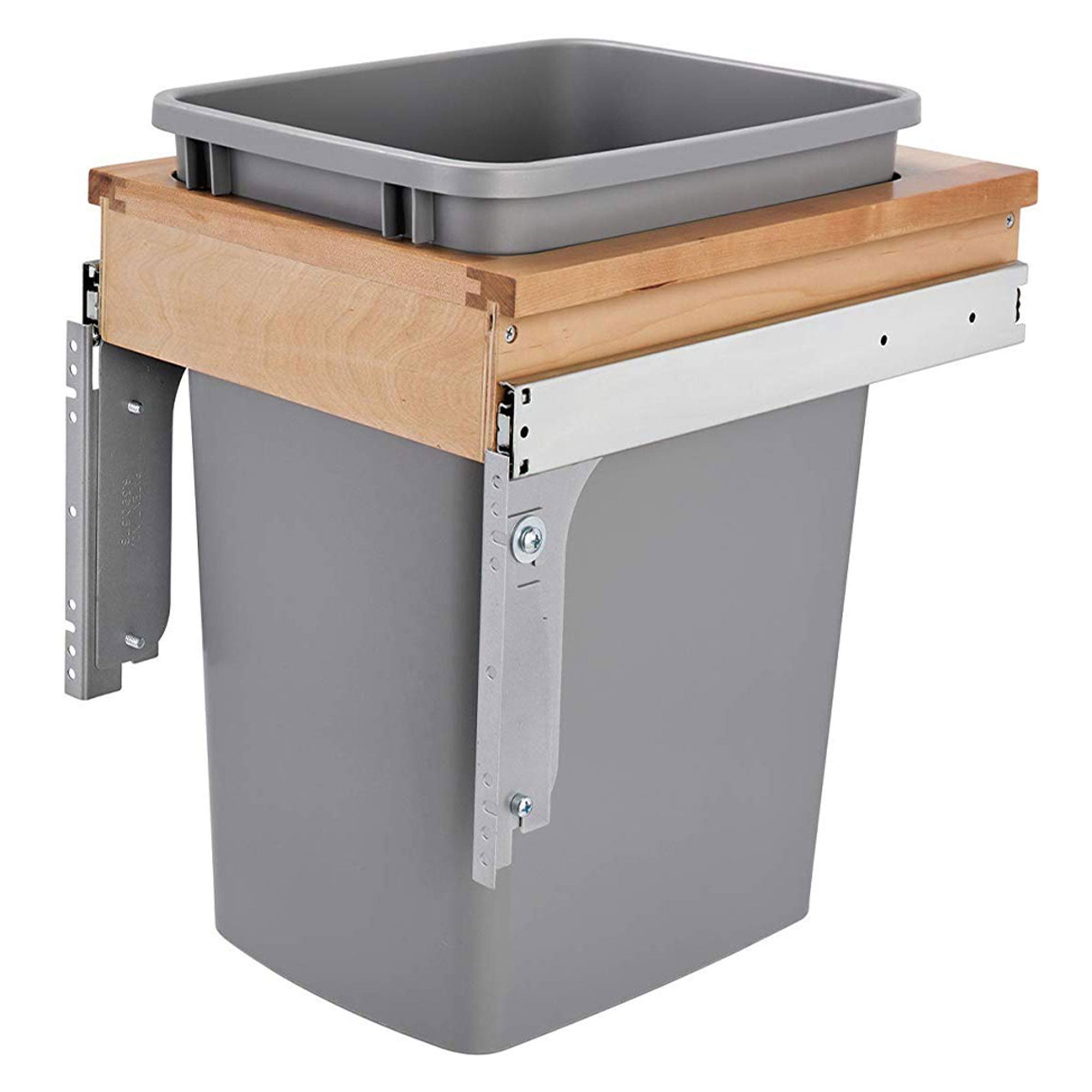 Gray Plastic Pull-Out Trash Can with Adjustable Mounting Brackets