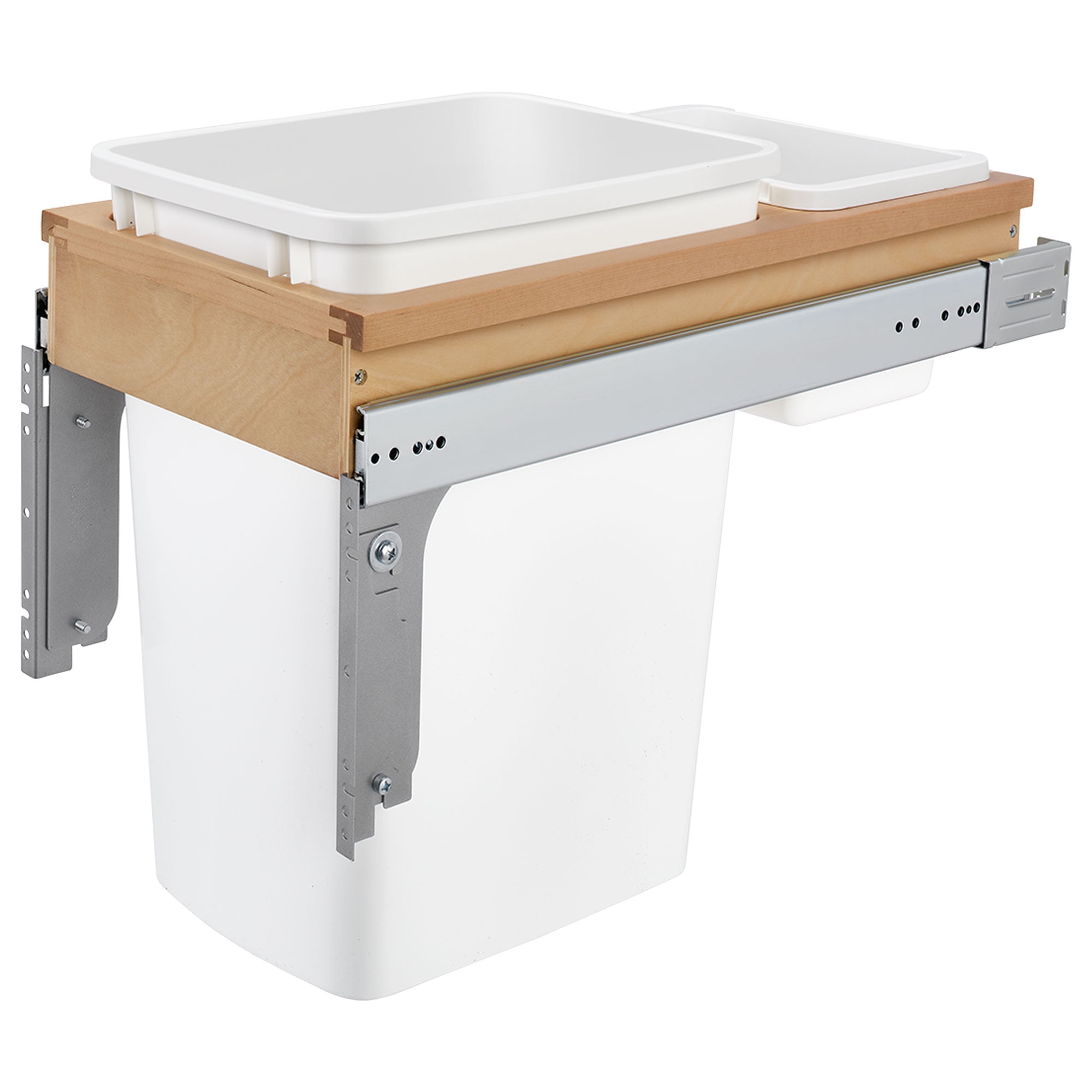 White Plastic Pull-Out Kitchen Waste Bin with Maple Trim