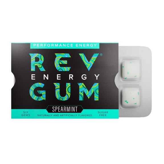 Rev Gum Caffeine Energy Gum | Performance Energy 60mg of Caffeine per Gem | Spearmint Sugar Free Caffeinated Mint Chewing Gum - Low Calorie Chews to Help You Stay Alert, Awake and Focused - 12 Packs