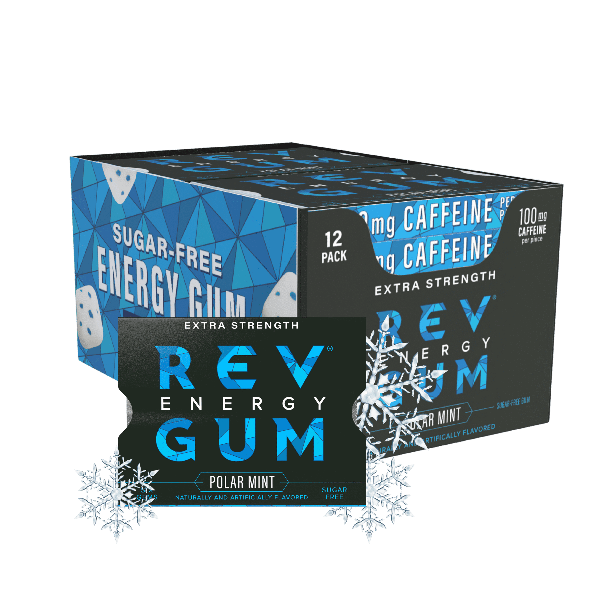 Rev Gum Sugar Free Extra Strength Polar Mint Energy Gum, 12 Packs. 72 Pieces