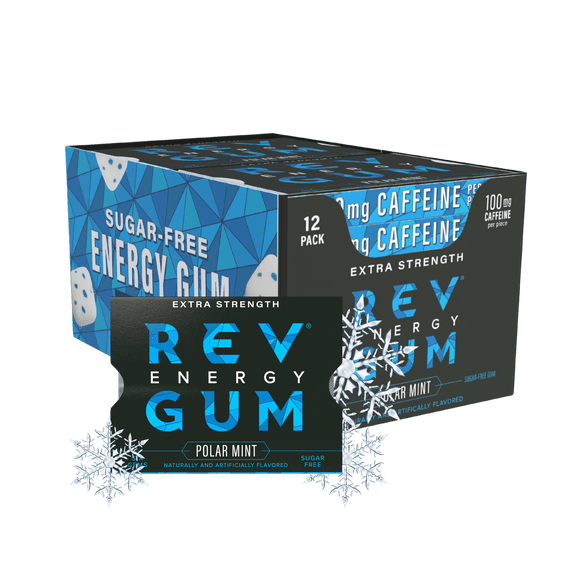 Rev Gum Sugar Free Extra Strength Polar Mint Energy Gum, 12 Packs. 72 Pieces