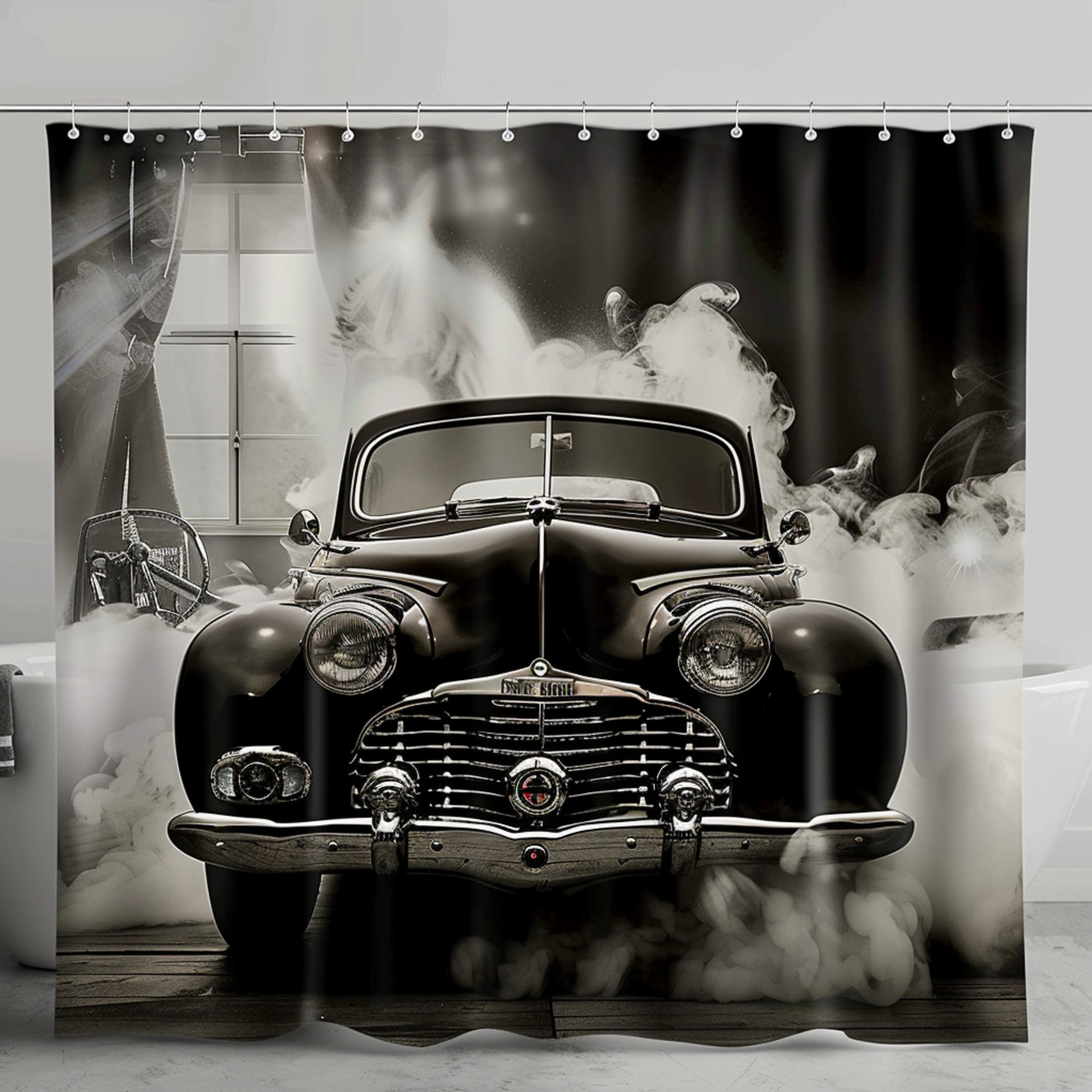 Rev up your bathroom decor with our Black Vintage Car Shower Curtain a