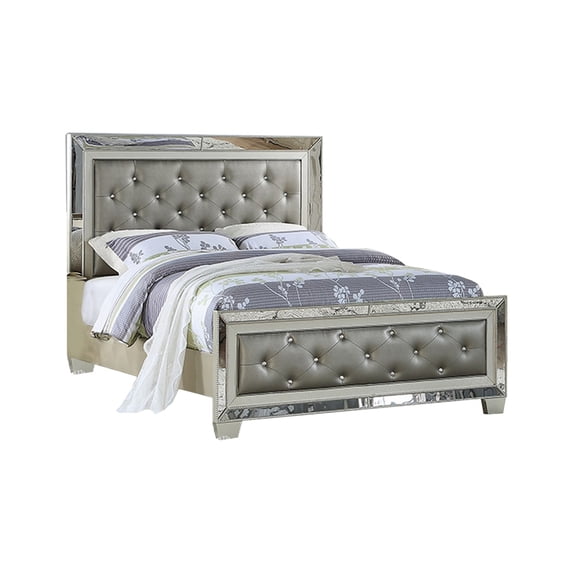 Benzara Reva Upholstered Faux Leather & Wood Queen Size Bed in Gray