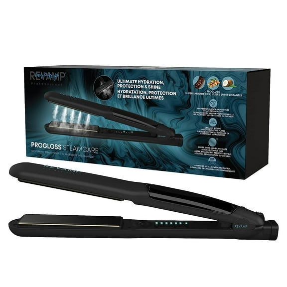 Revamp Progloss MoistureCare 1.25-Inch Flat Iron Hair Straightener Steam Hair Straightener with Keratin, Argan & Coconut Oil Infused Ceramic & Ionic Floating Plates, Easy to Use with Auto-Off