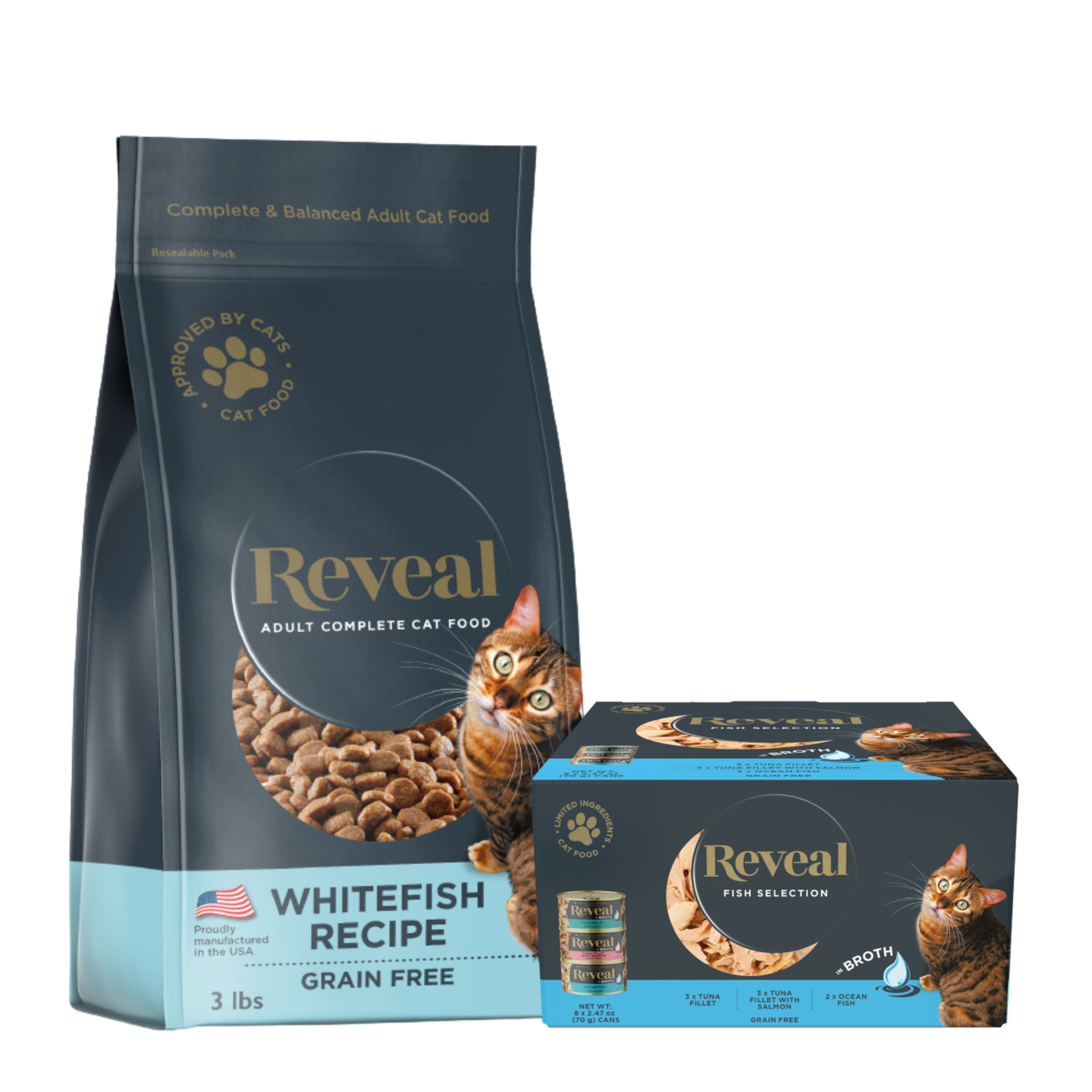Reveal Dry Cat Food Whitefish Recipe 3lb & Wet Cat Food Fish Variety Pack in Broth 8 x 2.47oz Cans