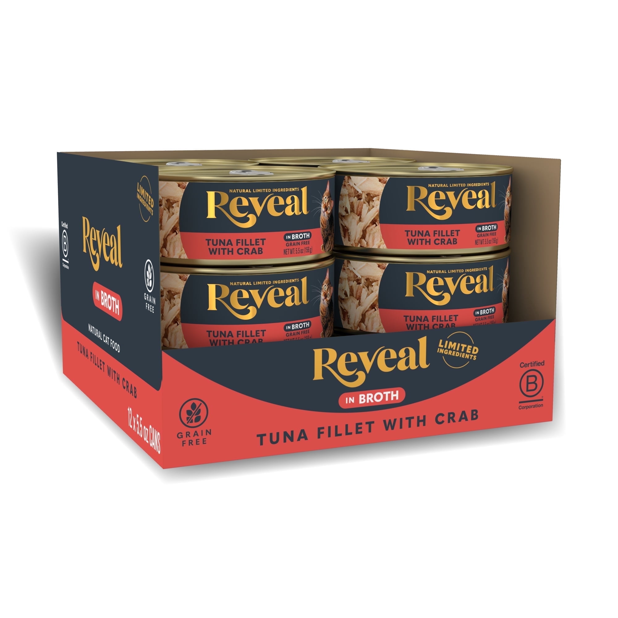 Reveal Pet Food, Natural Wet Cat Food, 12 Pack, Tuna Fillet with Crab in Broth, 5.5oz Cans