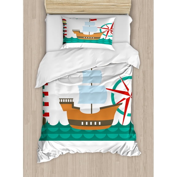 Reveal Party Duvet Cover Set, Ahoy Sail Boat on Sea Waves Lighthouse and Compass Anchor Celebration, Decorative 2 Piece Bedding Set with 1 Pillow Shams, Twin Size, Brown Teal and Red, by Ambesonne