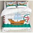thumbnail image 1 of Reveal Party Duvet Cover Set, Ahoy Sail Boat on Sea Waves Lighthouse and Compass Anchor Celebration, Decorative 3 Piece Bedding Set with 2 Pillow Shams, Queen Size, Brown Teal and Red, by Ambesonne, 1 of 3