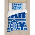 thumbnail image 1 of Reveal Party Duvet Cover Set, Ahoy Written with Nautical Wheel Striped Design Modern Simplistic, Decorative 2 Piece Bedding Set with 1 Pillow Shams, Twin Size, Pale Blue White Blue, by Ambesonne, 1 of 3