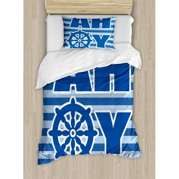 Reveal Party Duvet Cover Set, Ahoy Written with Nautical Wheel Striped Design Modern Simplistic, Decorative 2 Piece Bedding Set with 1 Pillow Shams, Twin Size, Pale Blue White Blue, by Ambesonne
