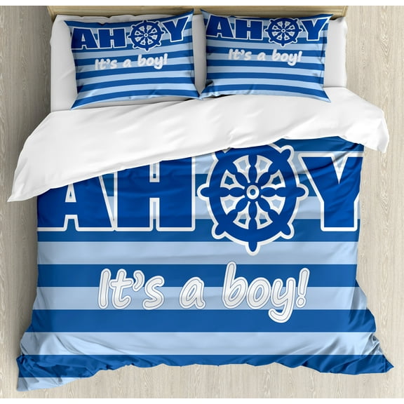 Reveal Party Duvet Cover Set, Announcement Concept Marine Wheel Striped Backdrop Modern Simple, Decorative 3 Piece Bedding Set with 2 Pillow Shams, Calking Size, Pale Blue White and Blue, by Ambesonne