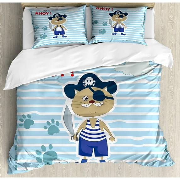 Reveal Party Duvet Cover Set, Cat Pirate Funny Paws Clouds Maritime Striped Framework Ahoy Art, Decorative 3 Piece Bedding Set with 2 Pillow Shams, King Size, Violet Blue Turquoise, by Ambesonne