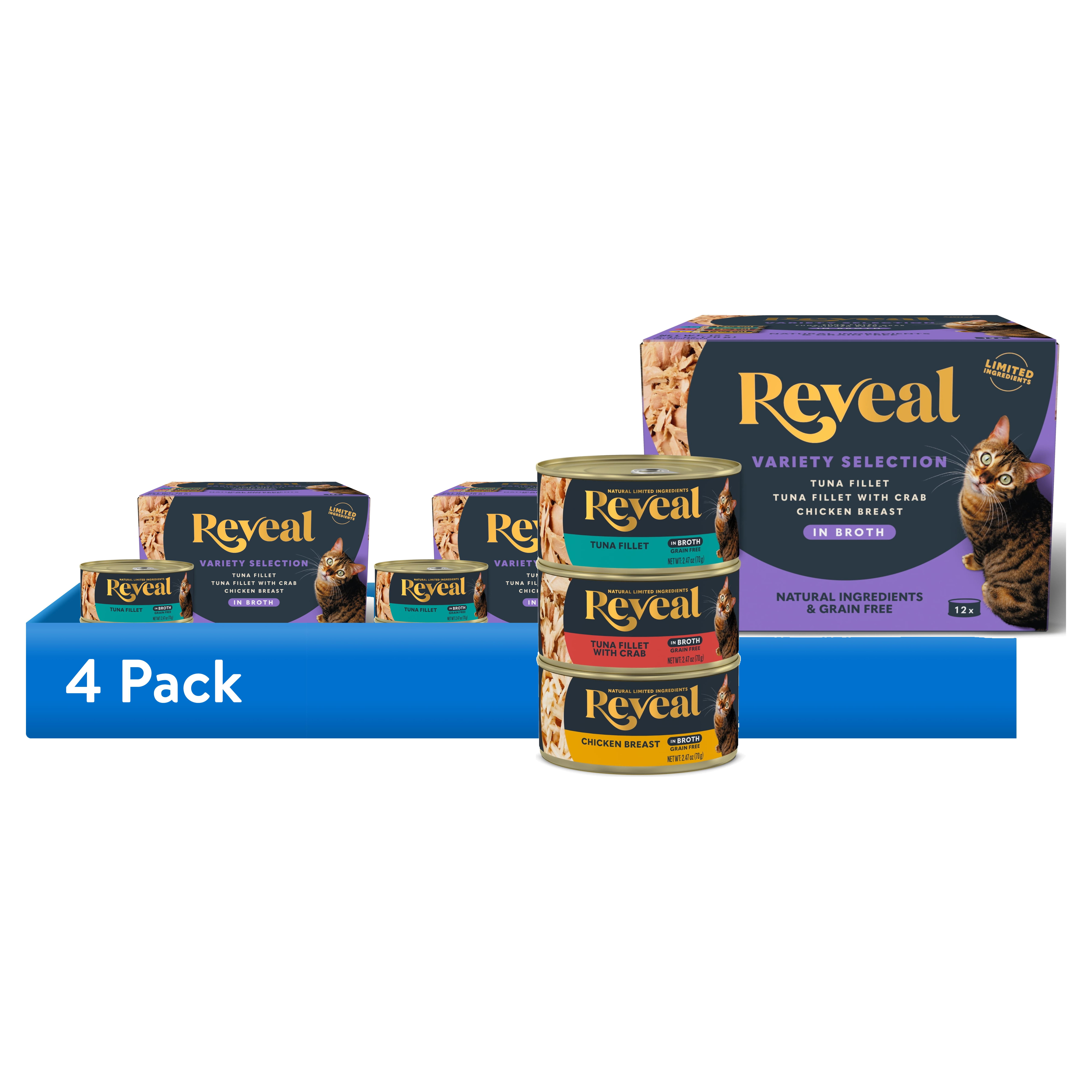 (4 pack) Reveal Pet Food Natural Wet Cat Food Variety Selection in Broth 12 x 2.47oz Cans