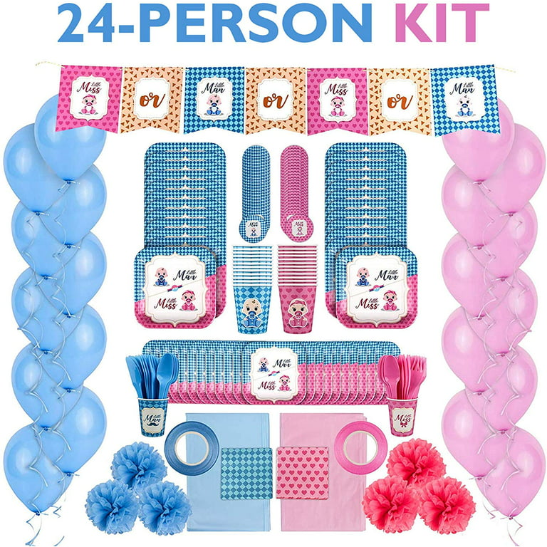 Reveal Squad Baby Shower Gender Reveal Party Supplies Kit for Baby Boy or Girl Gender Reveal Decorations - Tableware Set for 24 People - Pink and Blue