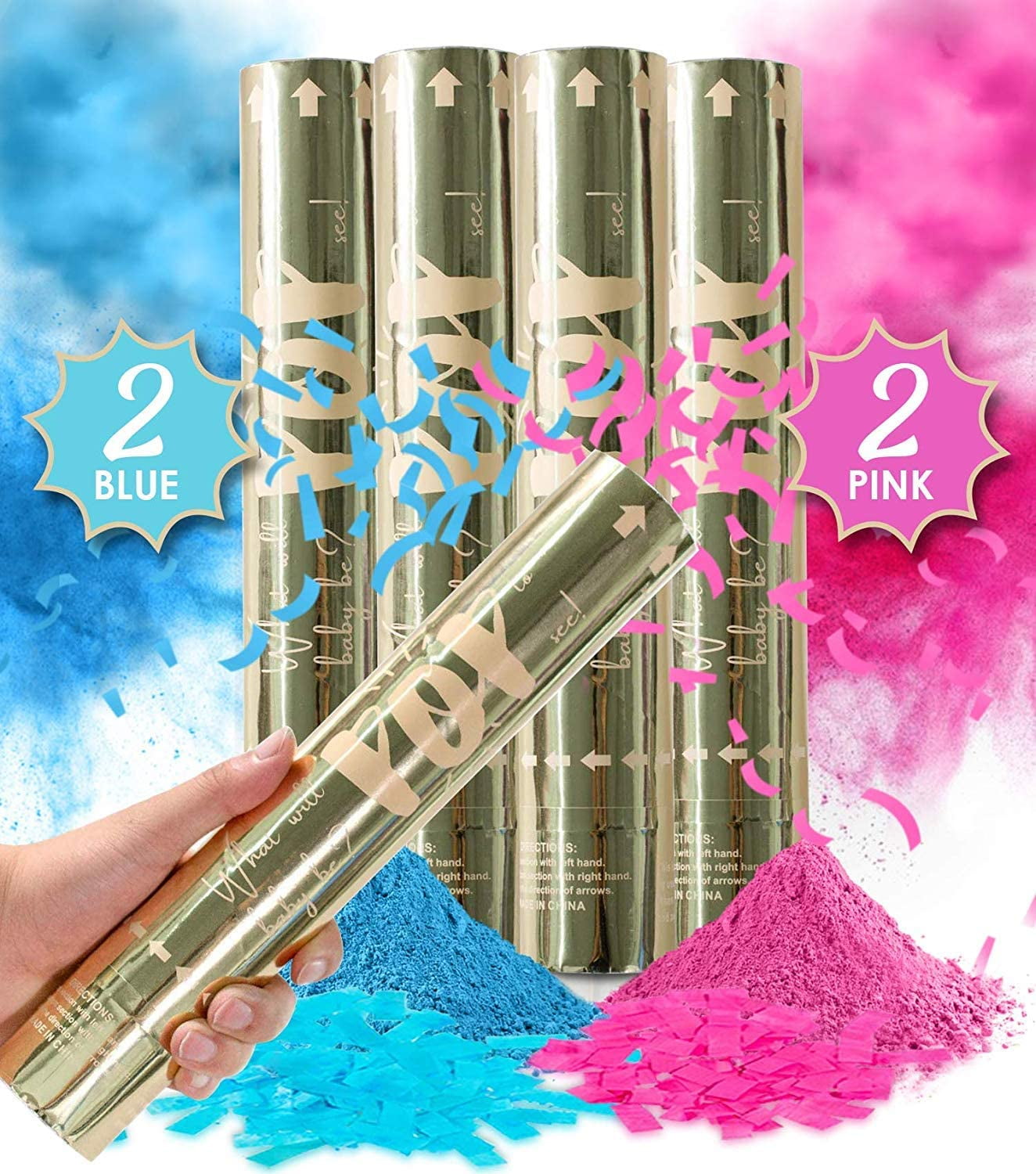 Revealations Gender Reveal Confetti Powder Cannon - Set of 4 Mixed (2 Blue  2 Pink) 