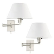 Revel Cambridge 13" Swing Arm Wall Lamp - Plug In/Wall Mount + White Fabric Shade, 150W 3-Way, Satin Nickel, 2-Pack