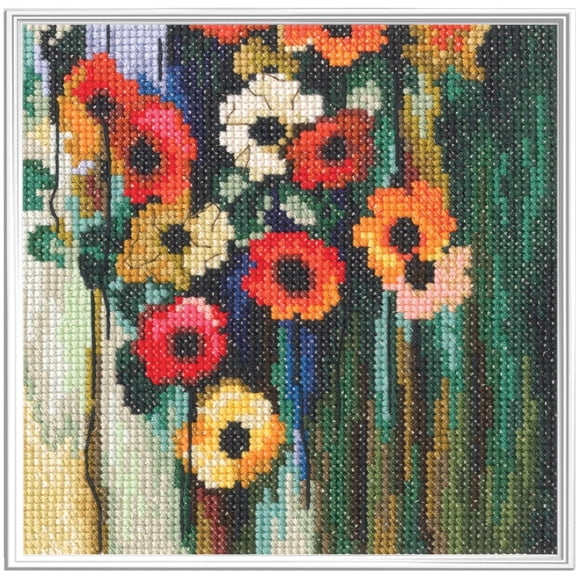 Wizardi Counted Cross Stitch Kit "Revelation of Color" C442 Impressionist Flowers, 14ct Ecru Zweigart Aida DMC 33 Colors Floss, Needle, Chart, 5.12x5.12" Kit for Adult RTO