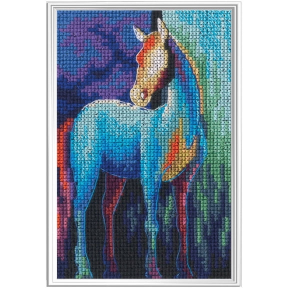 Wizardi Counted Cross Stitch Kit "Revelation of Color" C448 Colorful Horse, 14ct Blue Zweigart Aida DMC 23 Colors Floss, Needle, Chart, 3.54x5.31" Kit for Adult RTO