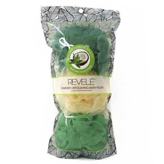 Revele Coconut Aloe Infused Exfoliating Bath Poufs 3 Piece